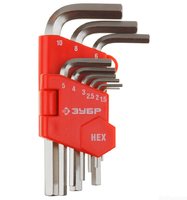 Набор ЗУБР Ключи "МАСТЕР" имбусовые короткие, Cr-V, сатинированное покрытие, пластик. держатель, HEX 1,5-10 мм, 9 пред (27460-1)
